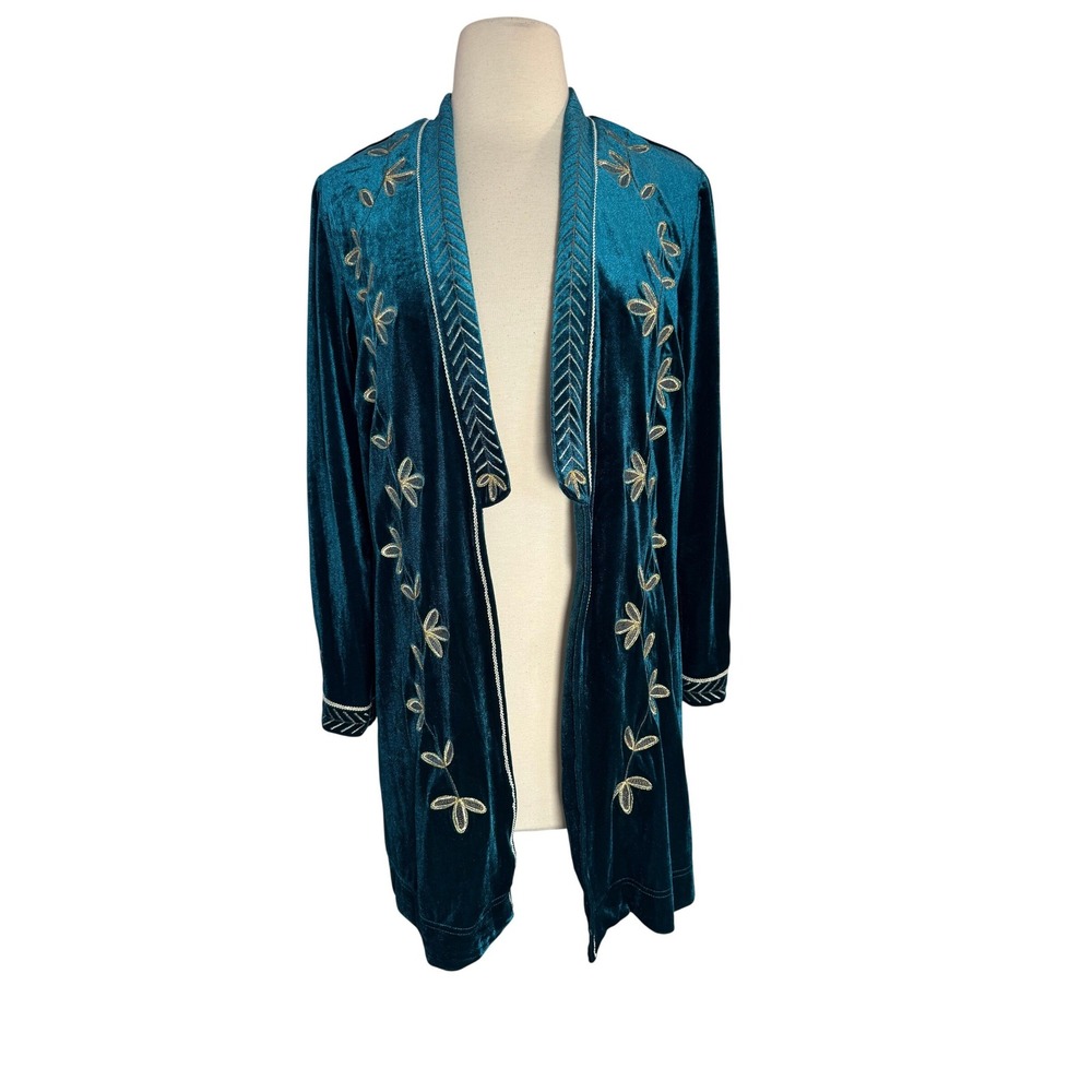 Calessa Teal Velvet Embroidered Duster Cardigan Women Open Front Long Sleeve NEW